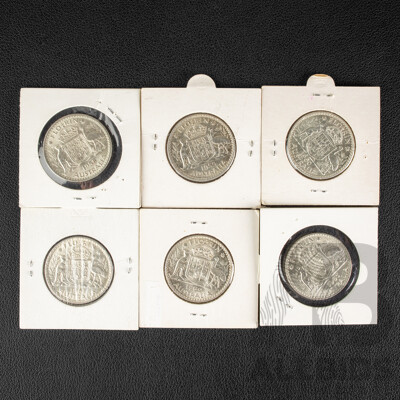 Six Australian QE2 Silver Florins Including 1958, 1959, 1960, 1961, 1962, 1963, All High Grade .500