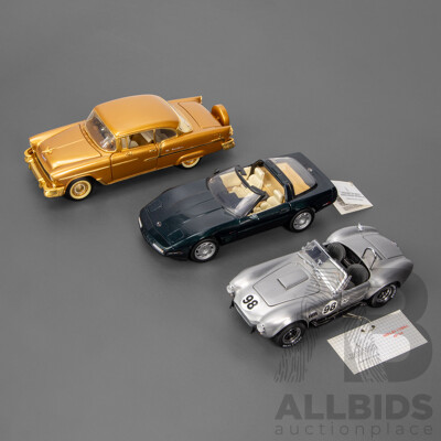 Three Franklin Mint Diecast Classic American Cars Including 1955 Chevrolet Belair, 1993 Corvette ZR-1, 1965 Shelby Cobra 427 S/C