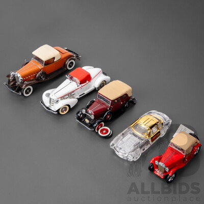 Five Diecast and Glass Classic Cars Including Danbury Mint 1932 Cadillac V16 Roadster, 1935 Auburn Speedster, 1932 Ford Sedan, Franklin Mint 1948 MG TC Roadster, Glass and Gilt 1954 Mercedes Benz Gullwing