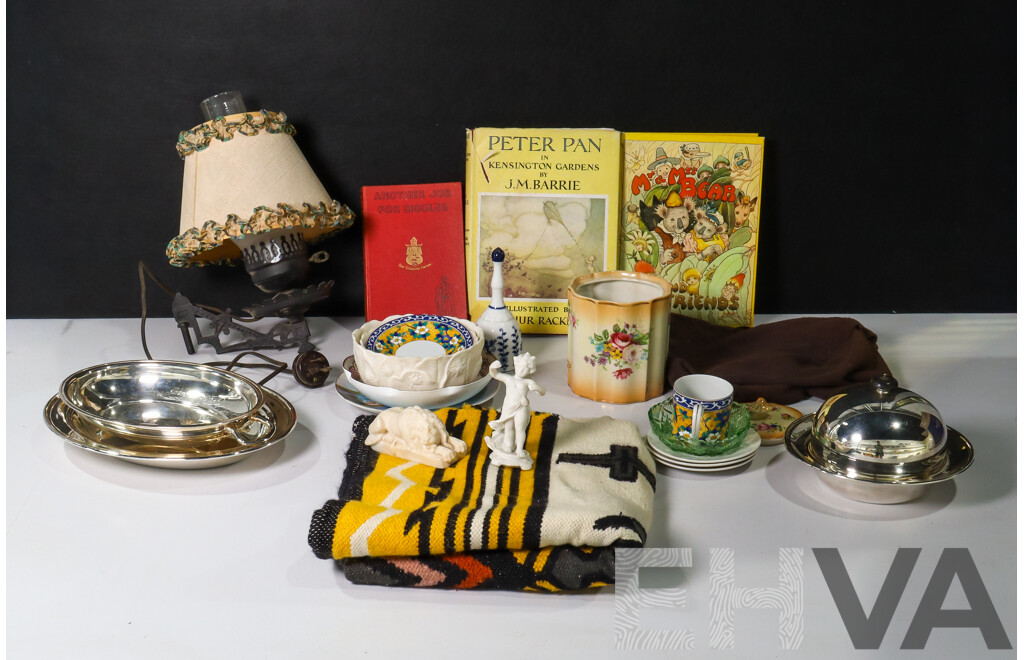 Assortment of Collectables, Ceramic Ware Including Kutani Cup and Saucer, Silver Plate Warmer, Vintage Wall Lamp, Mexican Rug, Books, Peter Pan, Another Job for Biggles, Mr & Mrs Bear