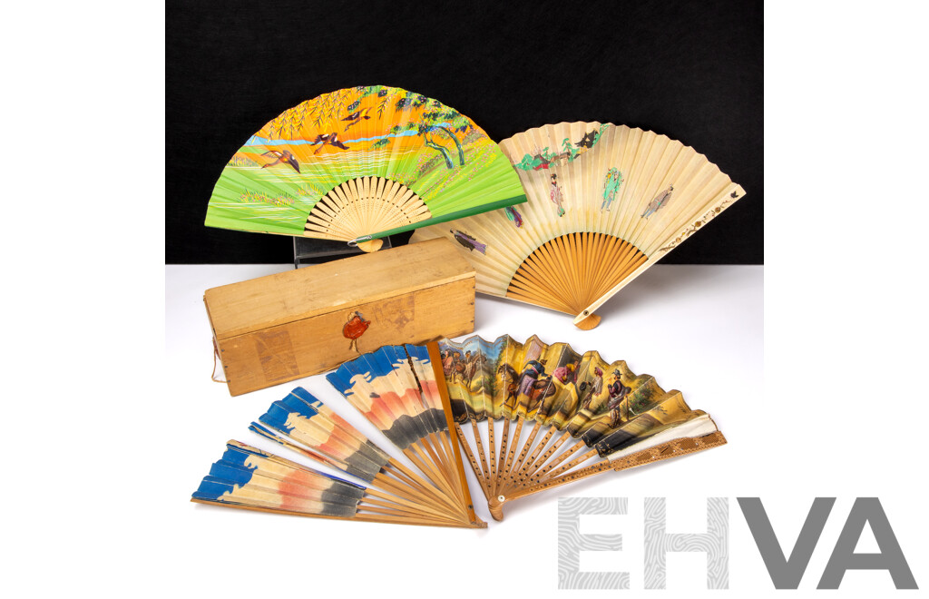 Collection of Four Vintage Japanese Rice Paper Hand Fans in Vintage Box