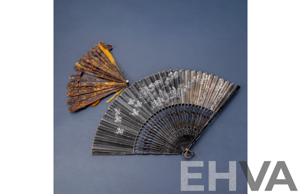 Vintage Pierced Tortoise Shell Japanes Hand Fan and Paper Example