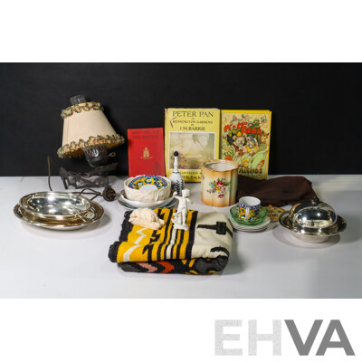 Assortment of Collectables, Ceramic Ware Including Kutani Cup and Saucer, Silver Plate Warmer, Vintage Wall Lamp, Mexican Rug, Books, Peter Pan, Another Job for Biggles, Mr & Mrs Bear