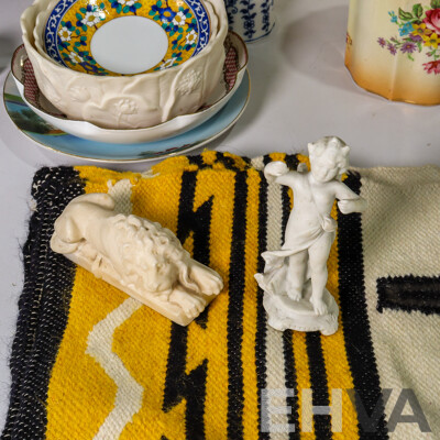 Assortment of Collectables, Ceramic Ware Including Kutani Cup and Saucer, Silver Plate Warmer, Vintage Wall Lamp, Mexican Rug, Books, Peter Pan, Another Job for Biggles, Mr & Mrs Bear