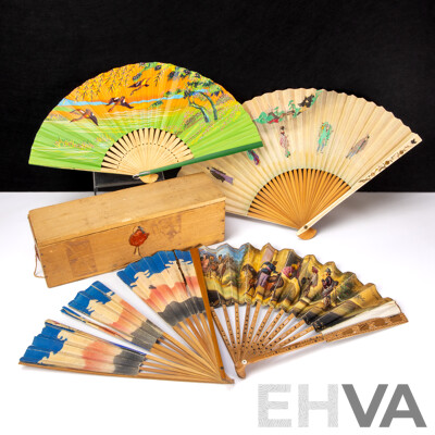 Collection of Four Vintage Japanese Rice Paper Hand Fans in Vintage Box