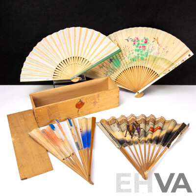 Collection of Four Vintage Japanese Rice Paper Hand Fans in Vintage Box