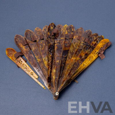 Vintage Pierced Tortoise Shell Japanes Hand Fan and Paper Example