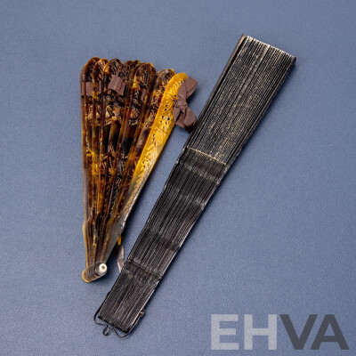 Vintage Pierced Tortoise Shell Japanes Hand Fan and Paper Example