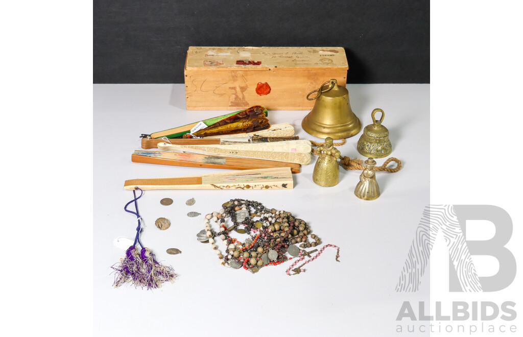 Collection of Brass Bells, Rosemary Beads and Hand Fans Including Tortoise Shell Example