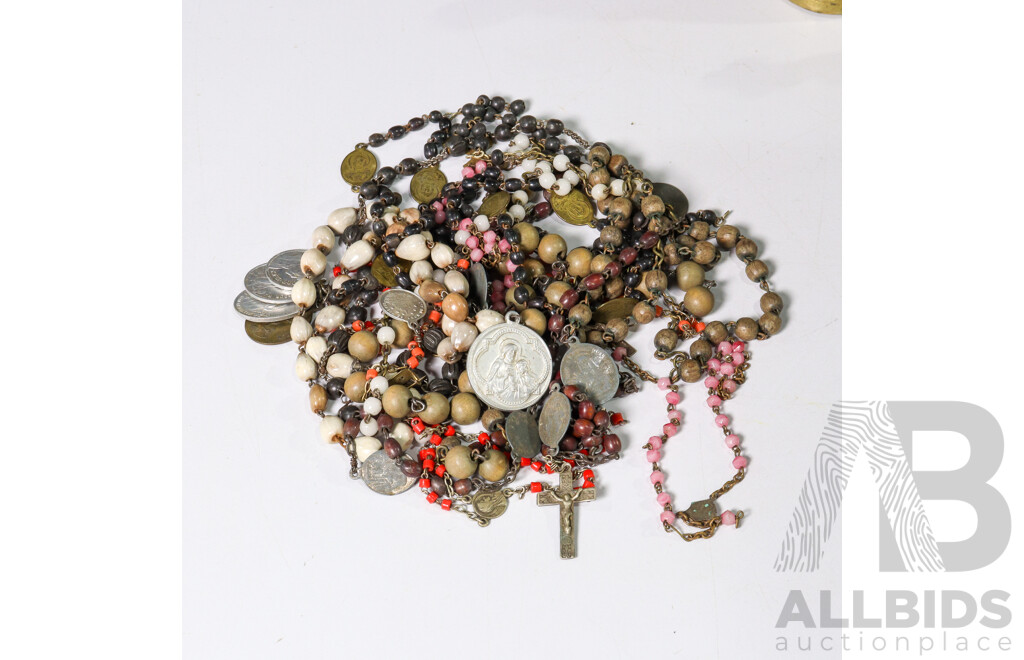 Collection of Brass Bells, Rosemary Beads and Hand Fans Including Tortoise Shell Example