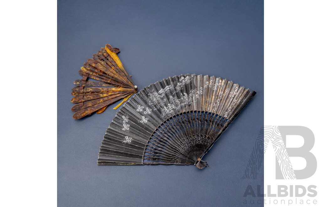 Vintage Pierced Tortoise Shell Japanes Hand Fan and Paper Example