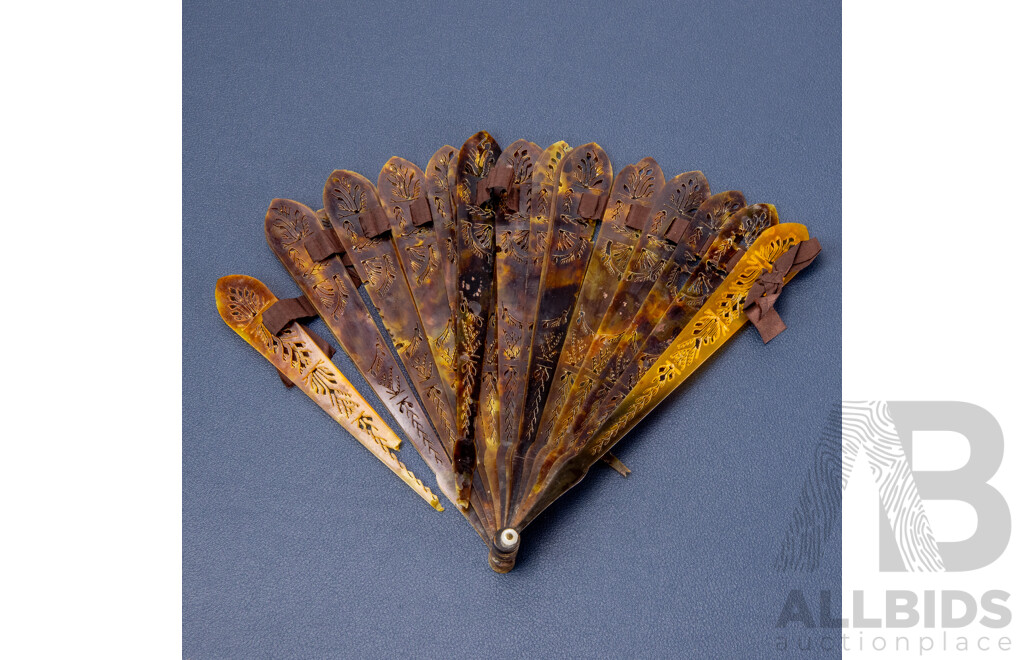 Vintage Pierced Tortoise Shell Japanes Hand Fan and Paper Example