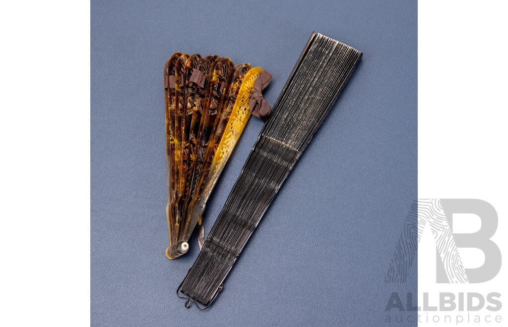 Vintage Pierced Tortoise Shell Japanes Hand Fan and Paper Example