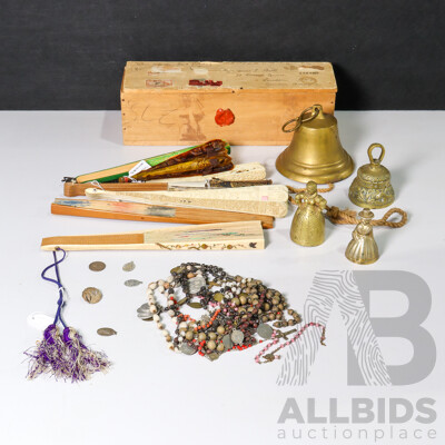 Collection of Brass Bells, Rosemary Beads and Hand Fans Including Tortoise Shell Example