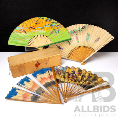 Collection of Four Vintage Japanese Rice Paper Hand Fans in Vintage Box