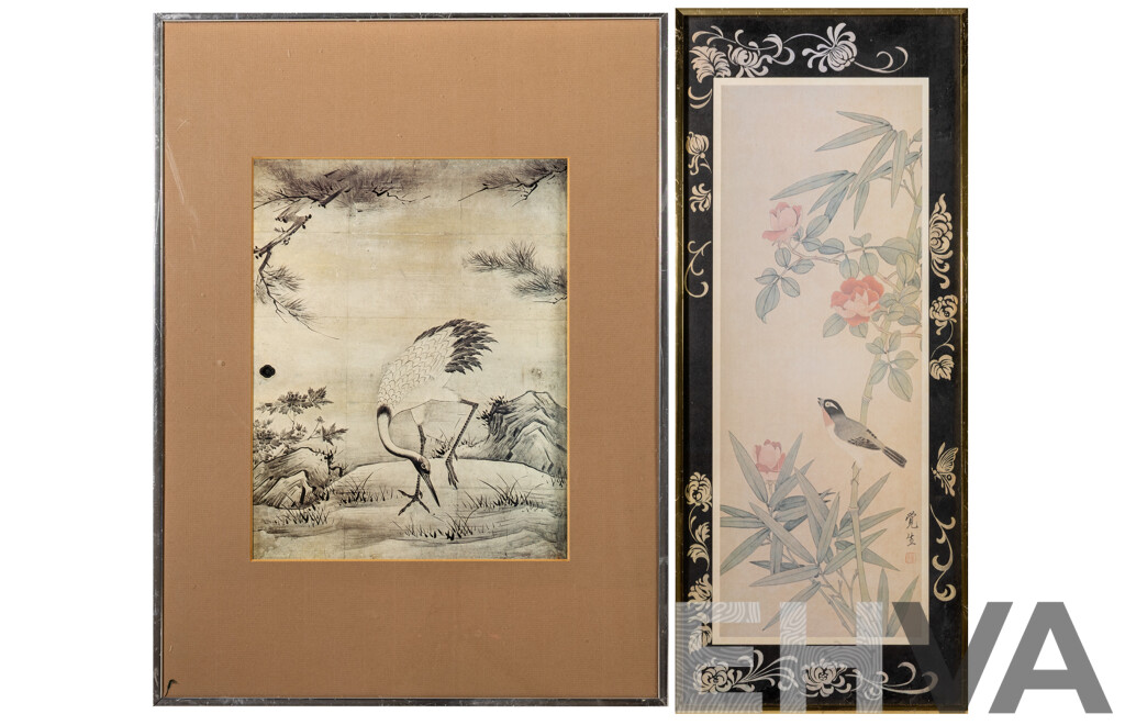 Artists Unknown (20th Century, Asian School), Crane & Flowers and Birds, Pair of Reproduction Vintage Prints, 50 x 37 cm and 61 x 26 cm (frames) (2)