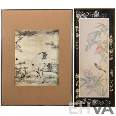 Artists Unknown (20th Century, Asian School), Crane & Flowers and Birds, Pair of Reproduction Vintage Prints, 50 x 37 cm and 61 x 26 cm (frames) (2)