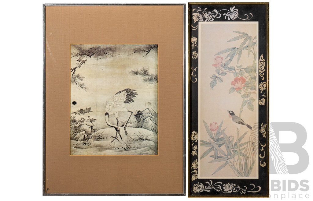 Artists Unknown (20th Century, Asian School), Crane & Flowers and Birds, Pair of Reproduction Vintage Prints, 50 x 37 cm and 61 x 26 cm (frames) (2)