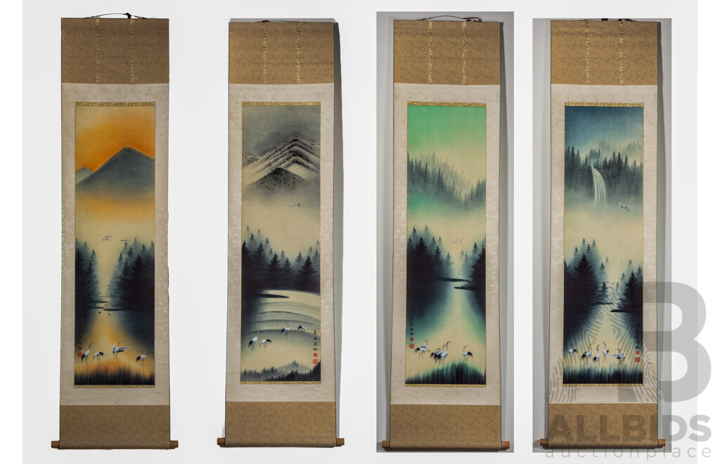 Artists Unknown (20th Century, Chinese School), Cranes in Summer - Autumn, Winter and Spring, Absolutely Fantastic Quartet of Vintage Ink & Colour Wash Scrolls, 170 x 43 cm (scrolls) (4)
