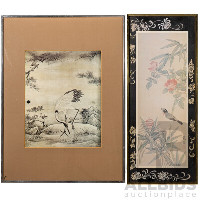Artists Unknown (20th Century, Asian School), Crane & Flowers and Birds, Pair of Reproduction Vintage Prints, 50 x 37 cm and 61 x 26 cm (frames) (2)