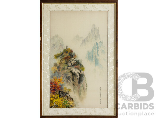 Artists Unknown (20th Century, Korean), Mount Kumgang, Bodeok Shrine & Diamond Mountains, Pair of Vintage Korean Silk Thread Needleworks, 59H x W cm (largest frame) (2)