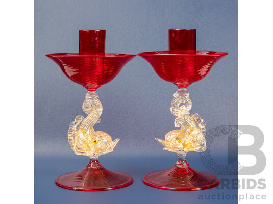 Pair of Murano Glass Dragon Fish Form Candle Sticks