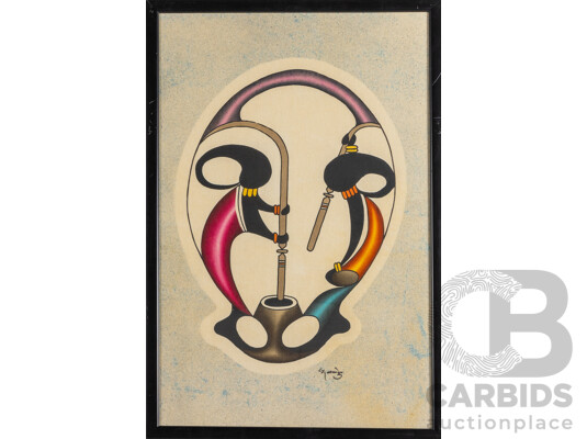 Signed Indistinctly (20th Century, African, C1970s), Cradle of Unity in Green & Sustenance & Song (1970s), Abstract Batik on Cloth Panel, 69H X 45W Cm (frame) (2)