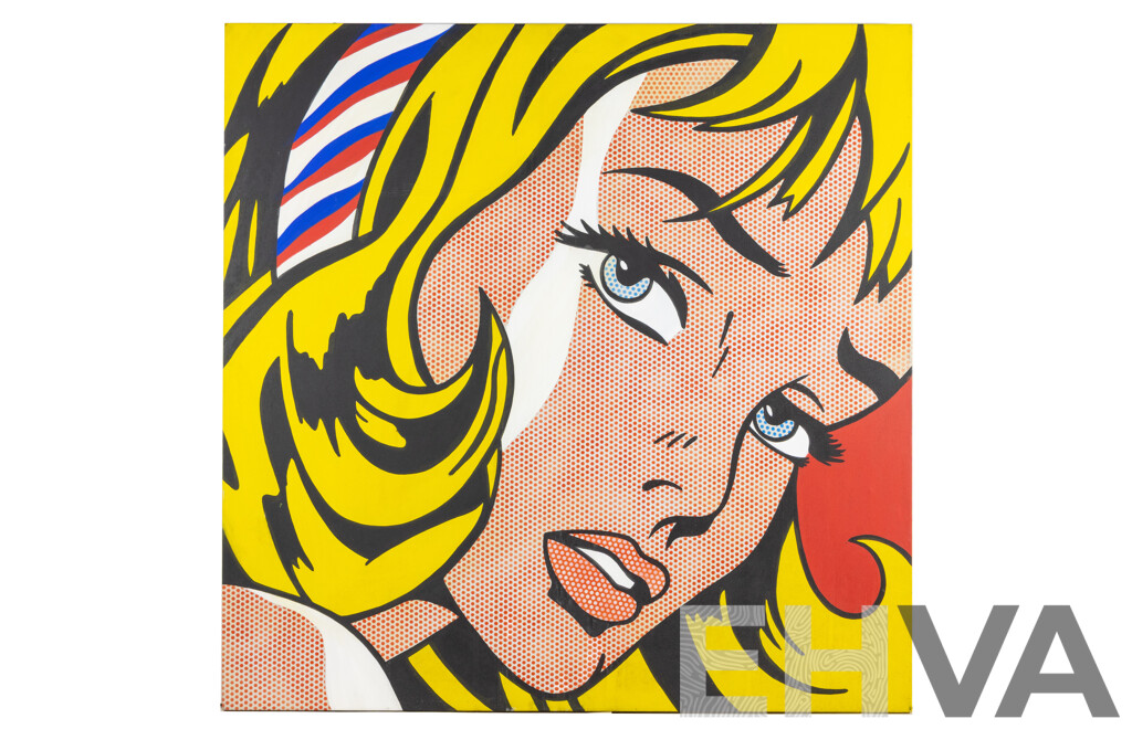 After Roy Lichtenstein, (20th Century, American, 1923-1997), Girl with Hair Ribbon, Reproduction Colour Offset Print on Canvas After 1965 Original, 100 x 100 cm