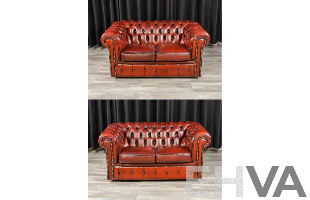 Pair of Moran Ox Blood Leather Chesterfield Two-Seater Lounges