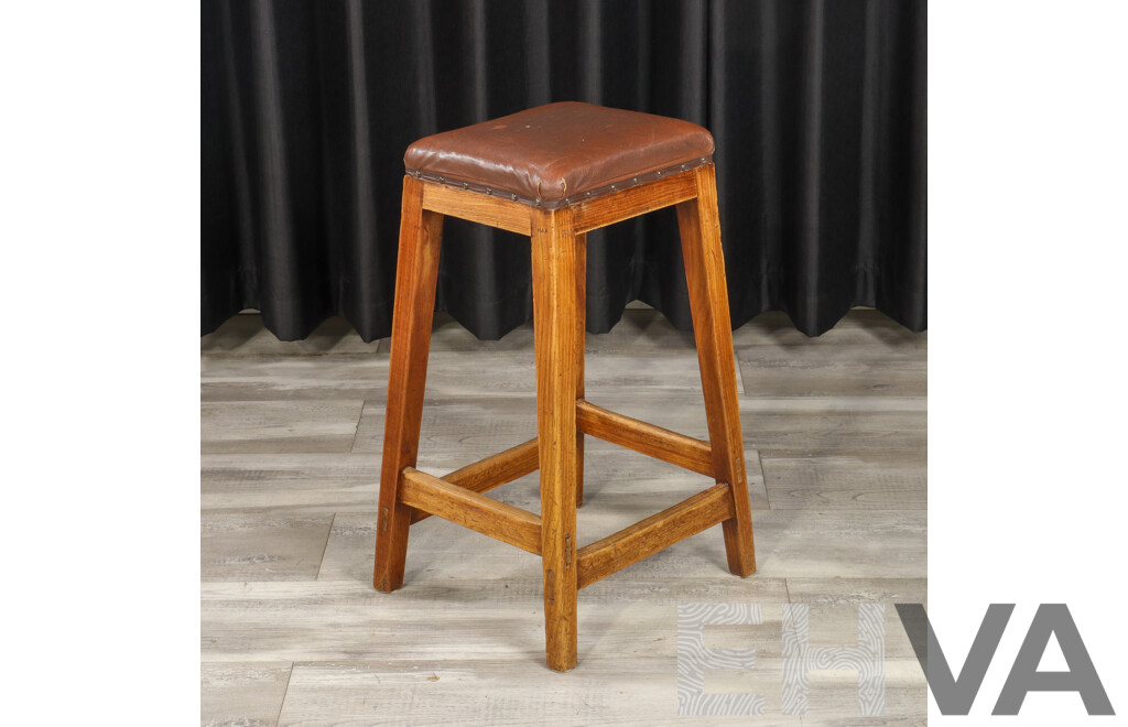 Vintage Oak Leather Top Stool