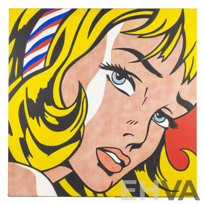 After Roy Lichtenstein, (20th Century, American, 1923-1997), Girl with Hair Ribbon, Reproduction Colour Offset Print on Canvas After 1965 Original, 100 x 100 cm