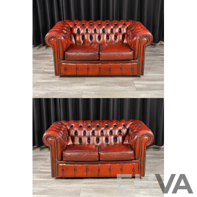 Pair of Moran Ox Blood Leather Chesterfield Two-Seater Lounges
