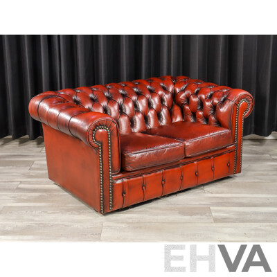 Pair of Moran Ox Blood Leather Chesterfield Two-Seater Lounges