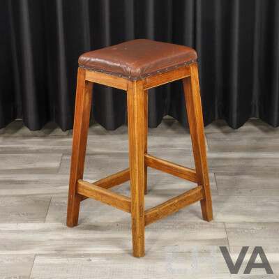 Vintage Oak Leather Top Stool