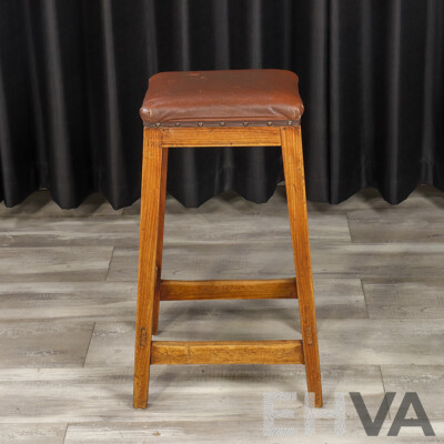 Vintage Oak Leather Top Stool