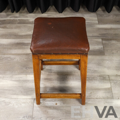 Vintage Oak Leather Top Stool