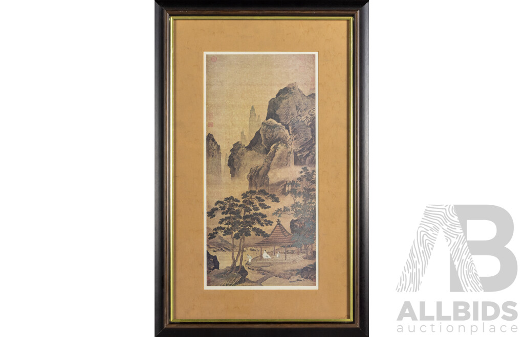 Ch'iu Ying (Ming Dynasty, 1509-1552, Jiangsu, China), A Pine Shaded Pavilion, Vintage Reproduction Print After Original, 67 x 43 cm (frame)