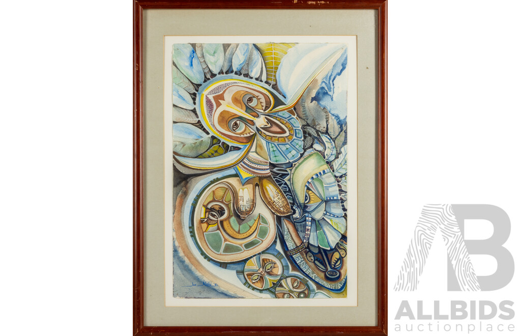 Joe Nalo (20th Century, Papua New Guinean, 1951-), Ancestral Echoes (1992), Signed & Dated Watercolour, 73 X 55 Cm (Frame)