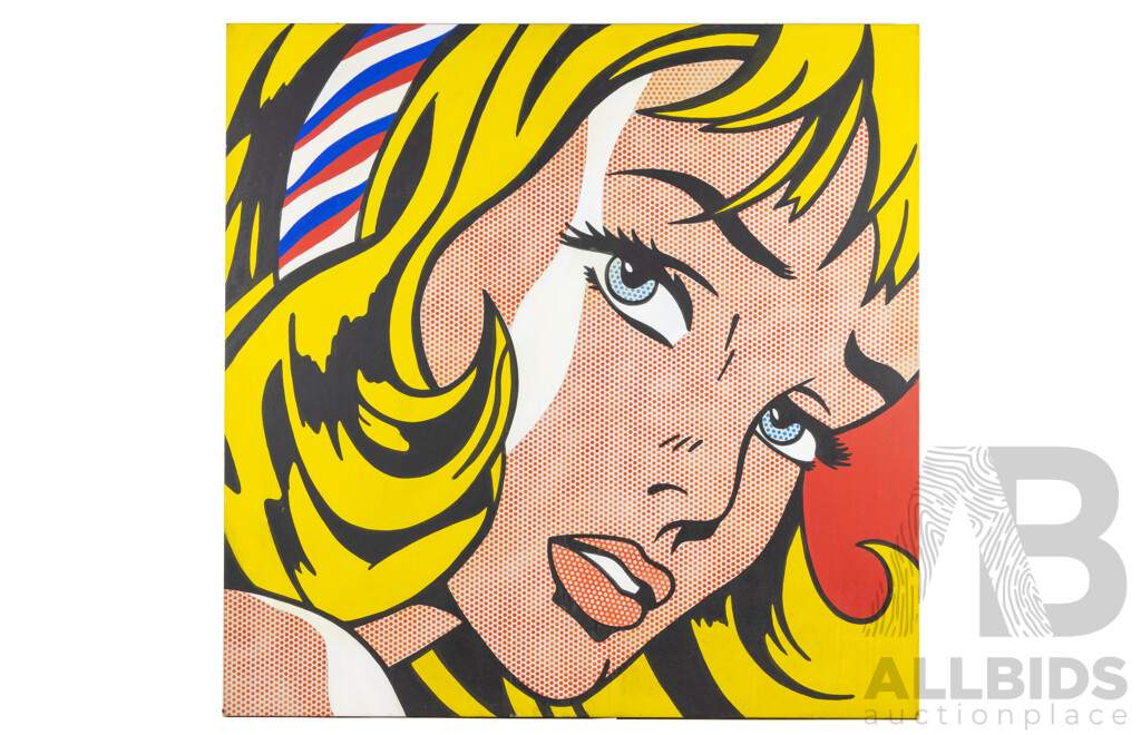 After Roy Lichtenstein, (20th Century, American, 1923-1997), Girl with Hair Ribbon, Reproduction Colour Offset Print on Canvas After 1965 Original, 100 x 100 cm