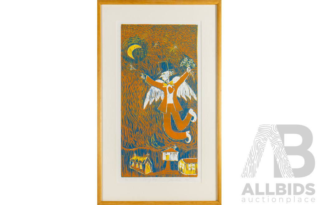 Frances Powrie, (20th Century, Australian), Chimney Sweep (1990), Wonderful Original Signed and Editioned Linocut, 84 x 51 cm (frame)