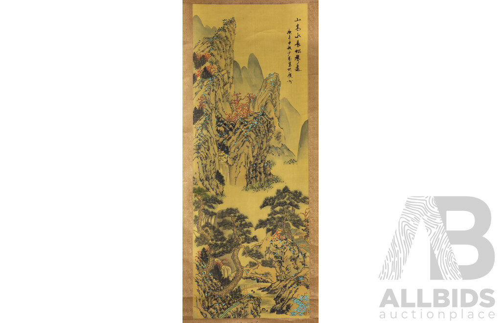 Artist Unknown (20th Century, Chinese School), Mountains Are High; Pines Are Long (1991), Traditional Shan Shui (Mountain & Water) Hand Painted Ink & Wash on Silk Panel, 162 x 45 cm (scroll)