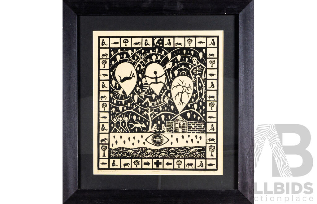 Rui Quimio, (20th Century, Angolan), Phenomenon of Water, (1998), Wonderful Original Signed & Editioned Linocut, 58 x 54 cm (frame)