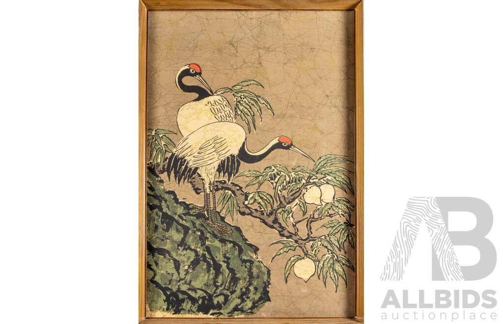 Artist Unknown, (20th Century, Taiwanese), Cranes and Peaches, Original Vintage Batik, Handmade Dyes on Cotton Cloth Panel, 83H x 56W cm (frame)