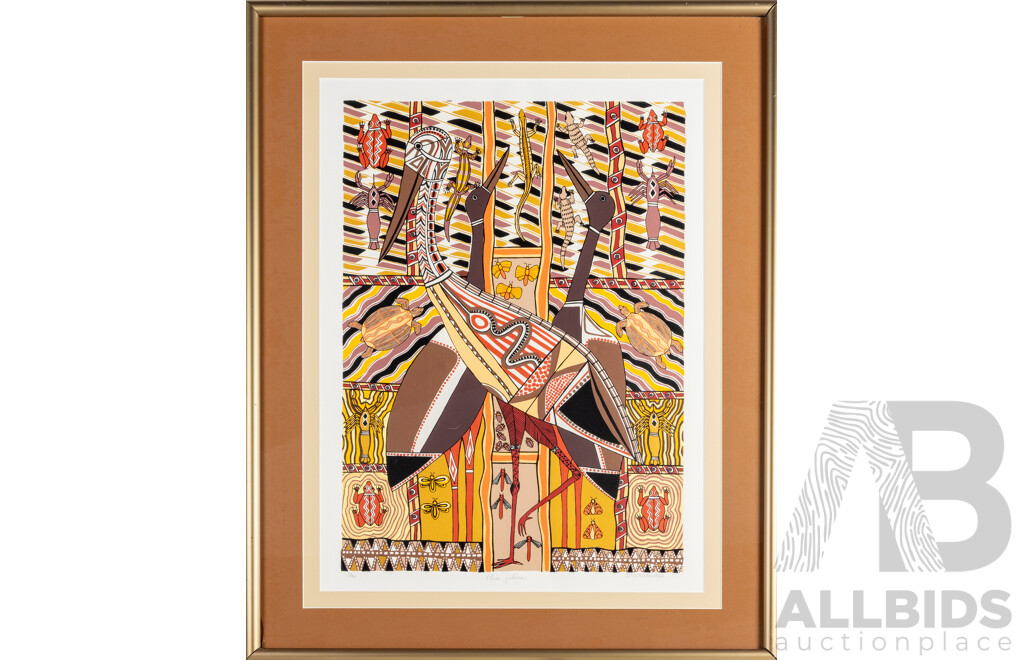 D.Gingingara, (20th Century, Indigenous-Australian, 1946-1999), Three Jabirus, Original Limited Editioned & Signed Screenprint, 99H x 79W cm (frame)