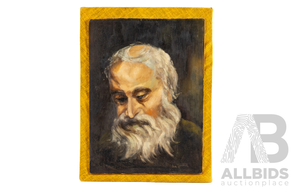 Erich Toukel (20th Century), Portrait of a Philosophical Old Man, Original Almost Antique Oil on Masonite, 43H x 32W cm (image)