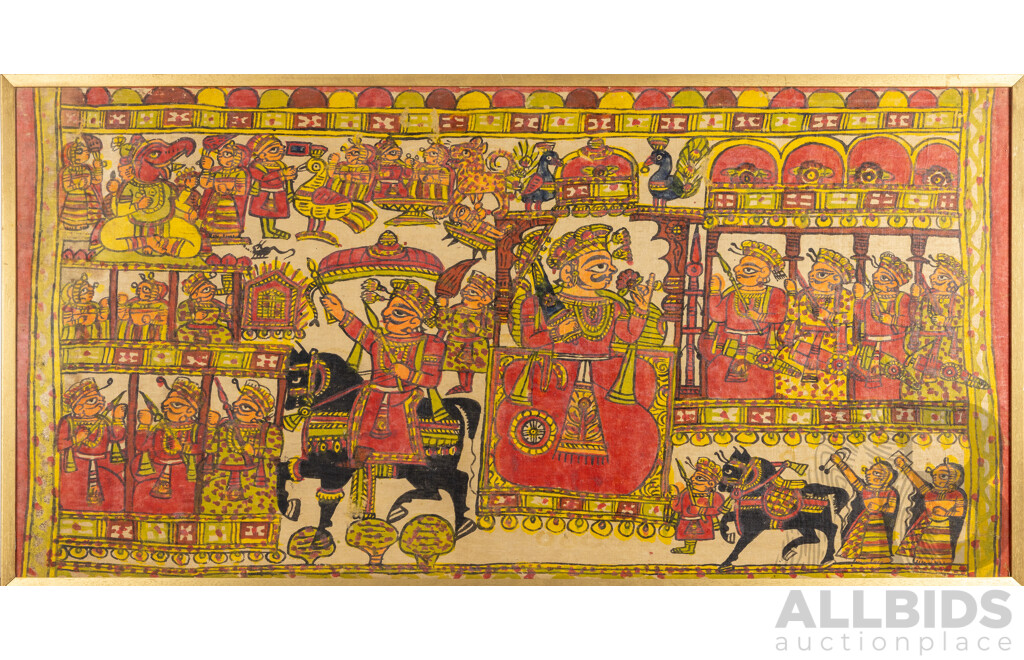 Artist Unknown (20th Century, Indian), The Legend of Pabuji - Traditional Vintage Pabuji Ki Phad, Natural Pigments on Handwoven Cloth Backed Onto Masonite, 72H x 143W cm (frame)