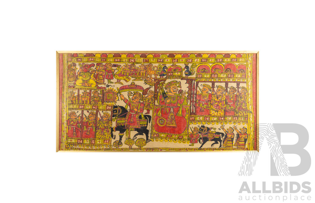 Artist Unknown (20th Century, Indian), The Legend of Pabuji - Traditional Vintage Pabuji Ki Phad, Natural Pigments on Handwoven Cloth Backed Onto Masonite, 72H x 143W cm (frame)