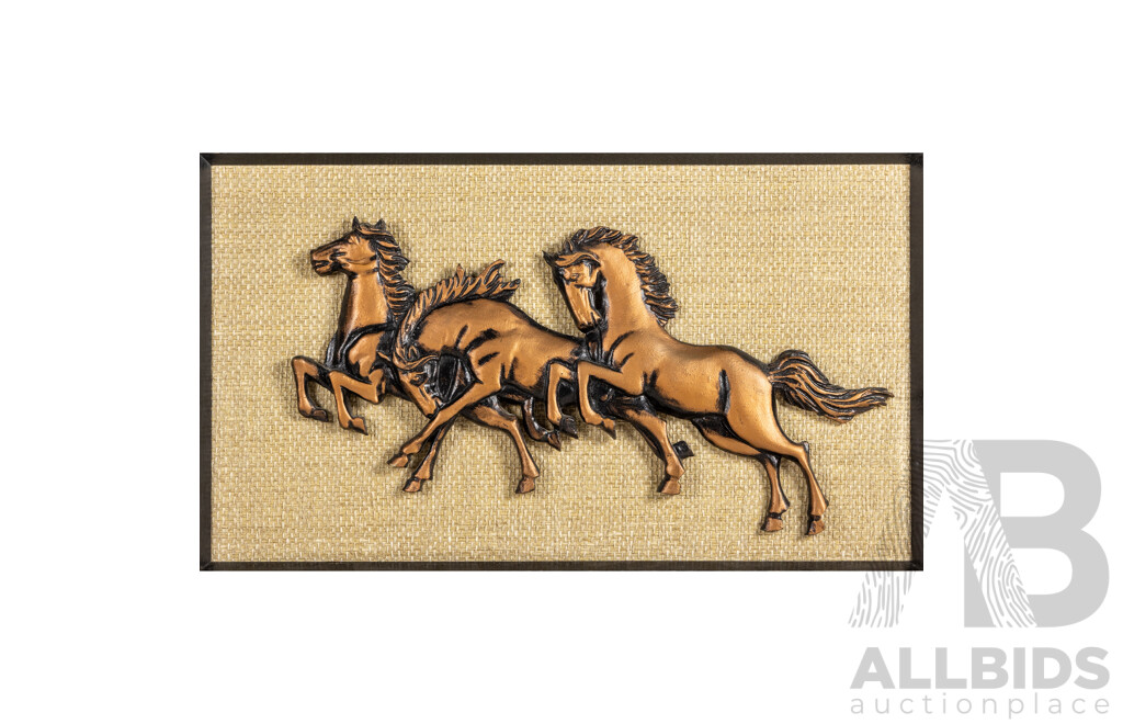 Artist Unknown (20th Century), Galloping Trio of Horse, Mid Century Copper-Style Horses on Textile Backboard, 43H x 73W cm (frame)