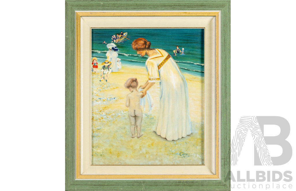 Cath (20th Century), Bathing Hour, Original Oil on Canvas Board, 62H x 55W cm (frame)