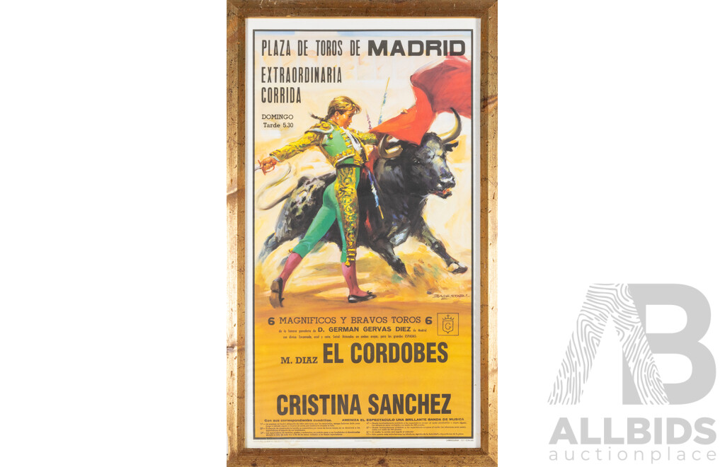 Arturo Ballester, (20th Century, Spanish, 1892-1981), Vintage 1990s Advertising Poster for Bullfight Between Sanchez & Cordobes, 105H x 61W cm (frame)